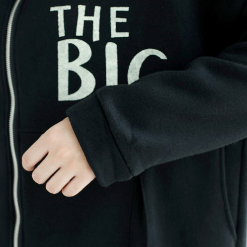 Black Cotton Prints Coats Oversize Zippered Long Sleeve Trench Coat Hooded Winter Outfits