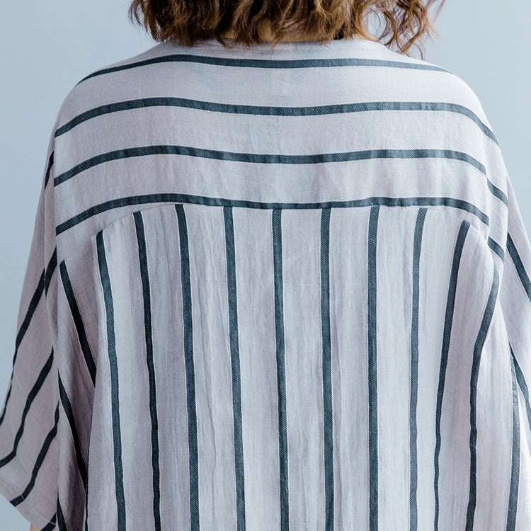 Boutique Blue Striped Linen Maxi Dress O Neck Baggy Dresses Gown Fine Half Sleeve Side Open Maxi Dresses