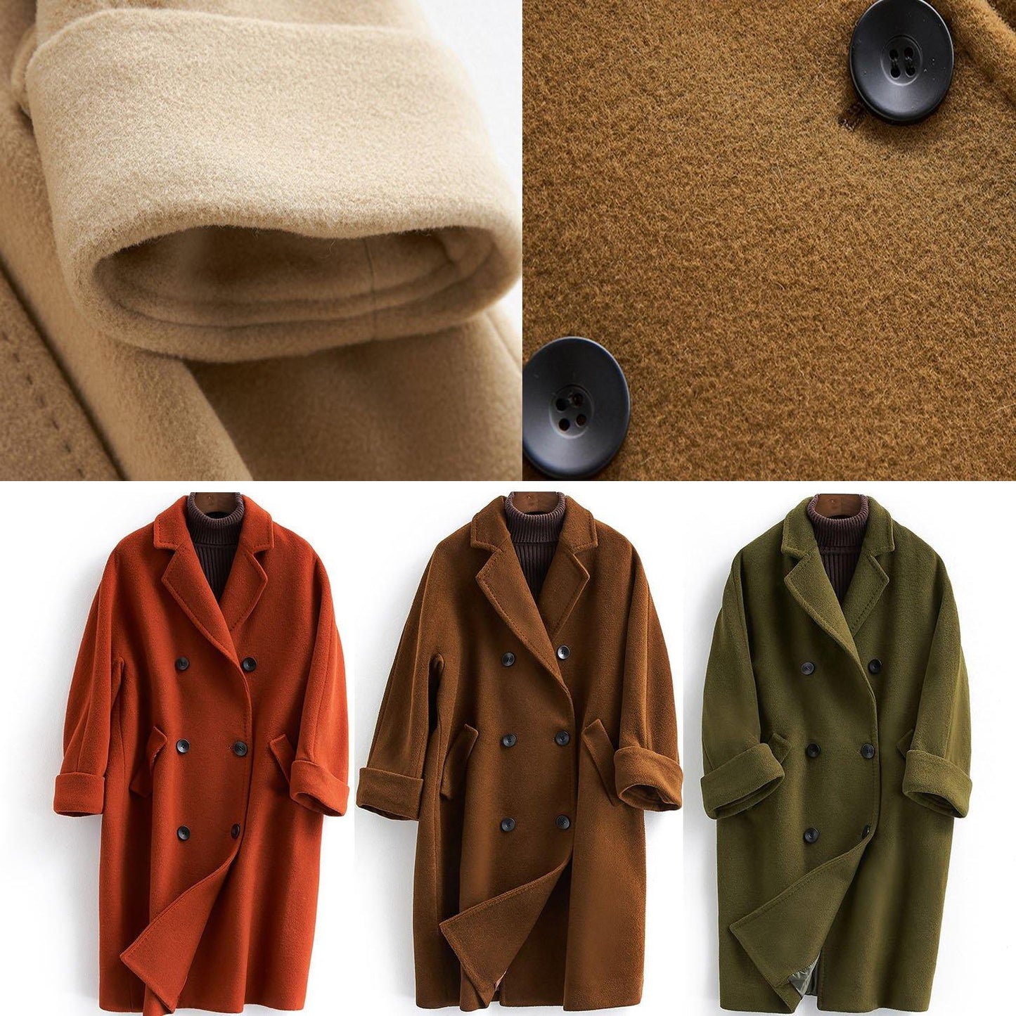 Boutique Khaki Woolen Coat Long Coat Double Breast Woolen Notched Outwear