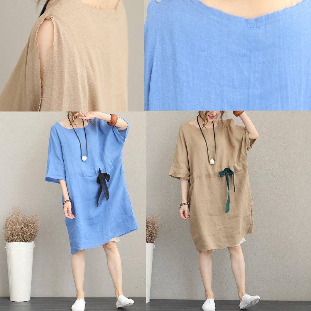 Boutique Khaki Pure Linen Dress Loose Fitting Linen Clothing Dresses Waist Drawstring Bracelet Sleeved Midi Dress