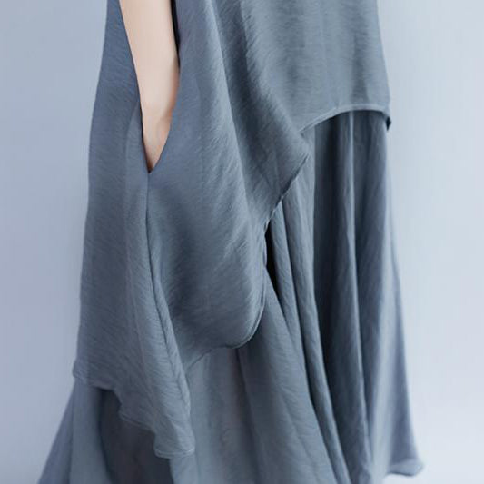 Boutique Linen Dresses Oversize Short Sleeve Gray Pockets Fake Two-piece Dress