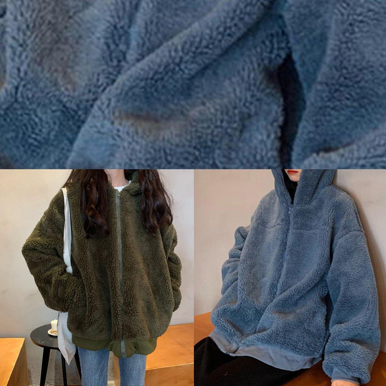 Boutique Oversized Medium Length Coat Winter Outwear Green Hooded Wool Jackets