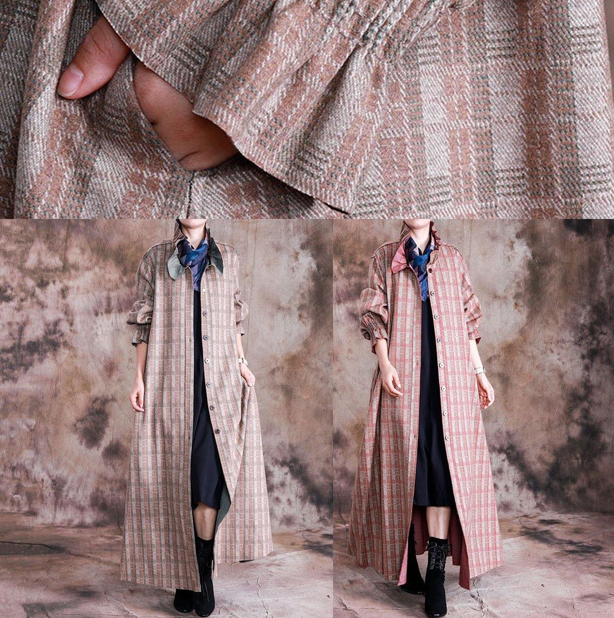 Boutique Long Coat Fall Woolen Outwear Khaki Plaid Cinched Wool Coat for Woman