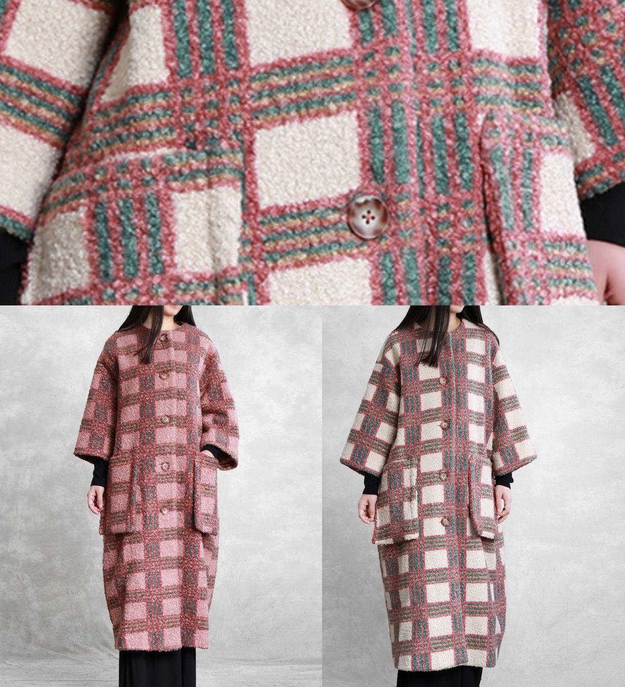 Boutique Red Plaid Woolen Coats Oversized Long Winter Pockets Button Coat