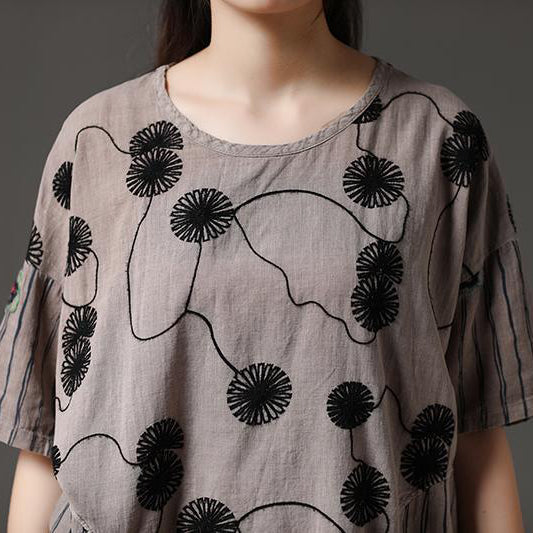 Boutique Summer Cotton Tops Cotton Embroidery Flower Beige Shirt