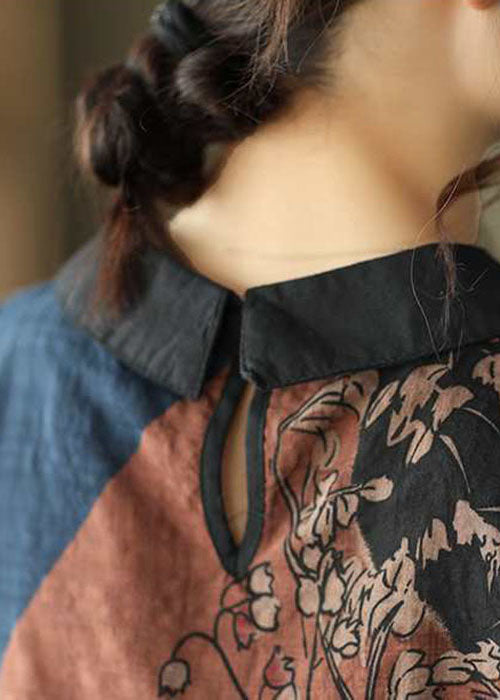 Diy Peter Pan Collar Print Linen Blouse Tops Short Sleeve