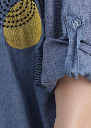 Diy Blue Embroidery Top Silhouette Lapel Midi Shirts