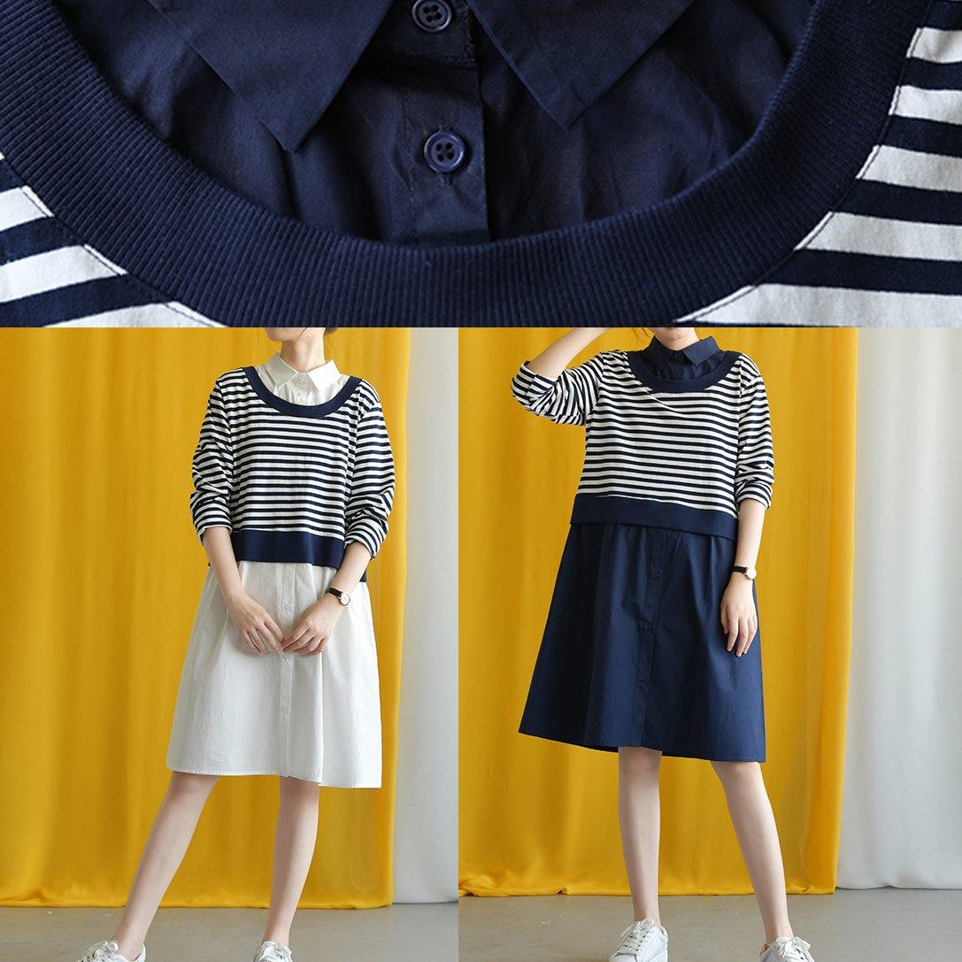 Diy Navy Striped Cotton Box Dress Lapel False Two Pieces Midi Fall Dress