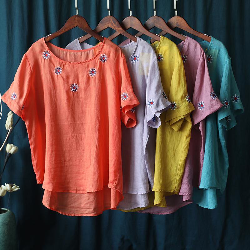 Diy O Neck Clothes for Blue Embroidery Short Blouse
