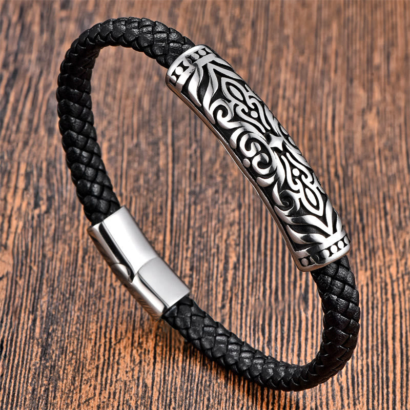 Double Layer Titanium Steel Leather Bracelet With Flower Pattern | Strength and Balance