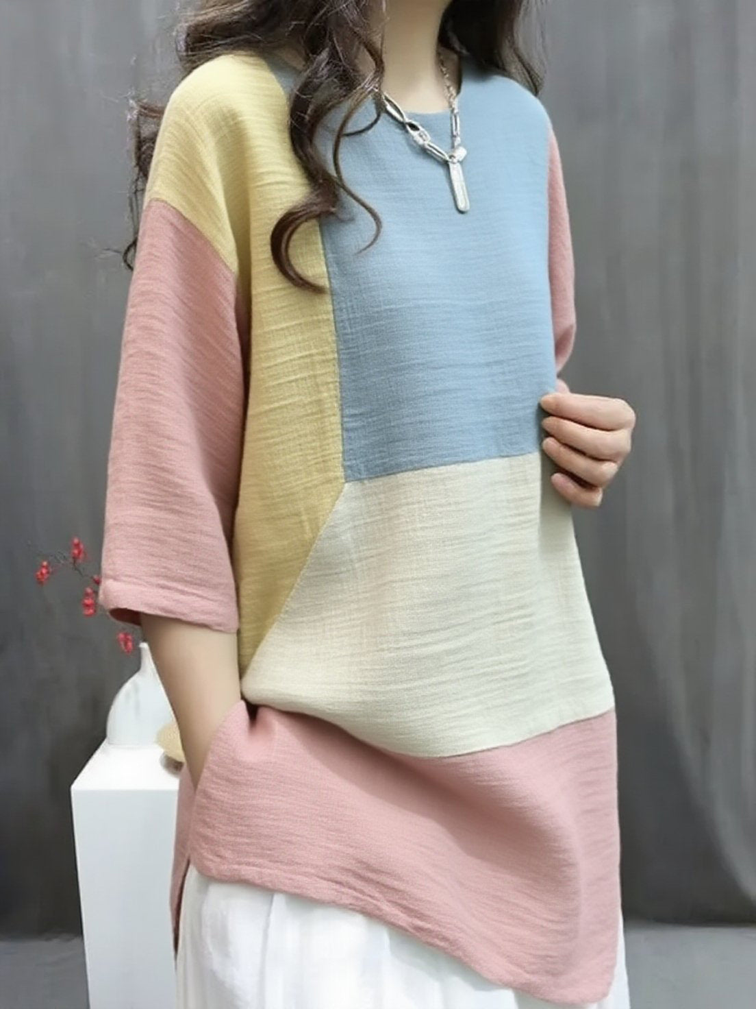 Handmade Gray apricot O-Neck Print Button Top Summer