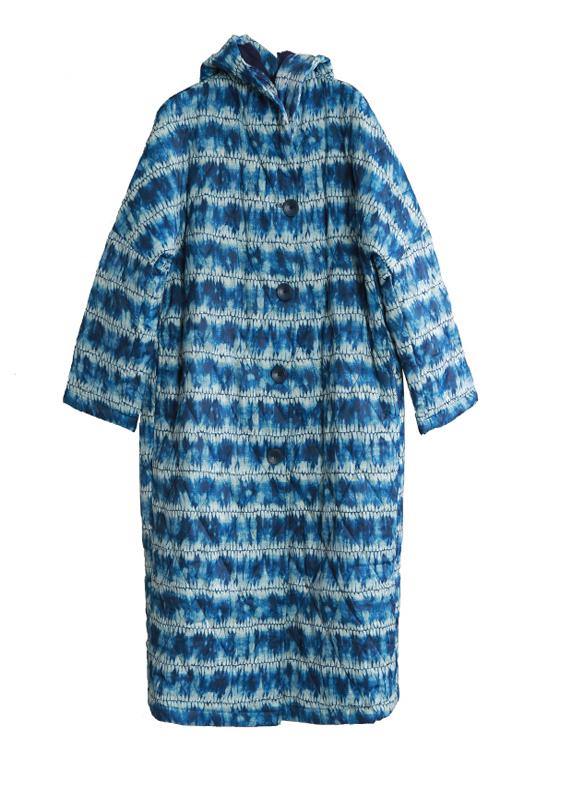 Blue Print Parka Loose Fitting Down Hooded Button Outwear