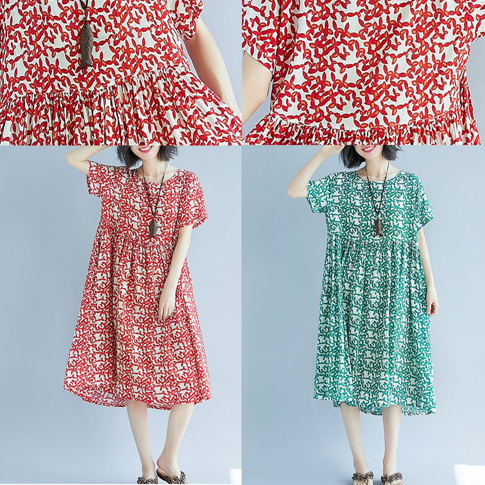 Red Linen Knee Dress Oversized Dress Fine Short Sleeve O Neck Dresses