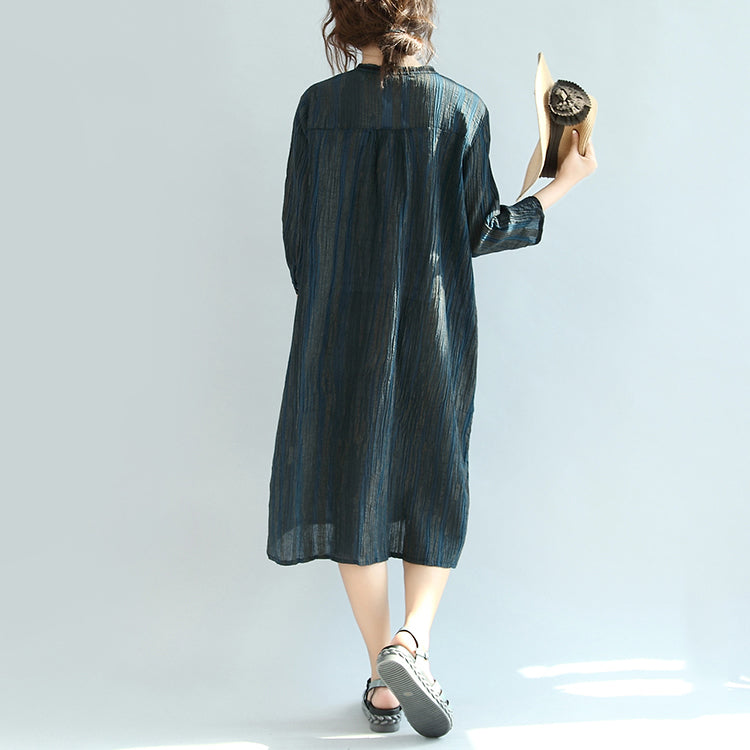 New Autumn Dark Blue Linen Drsses Maxi Dress