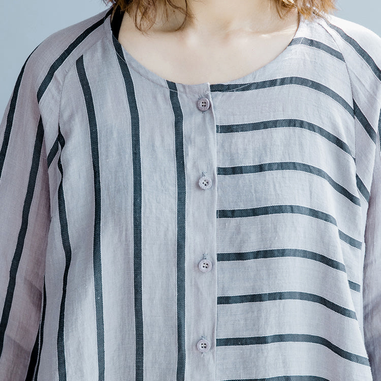New Gray Striped Linen Dresses Asymmetric Patchwork O Neck Dress