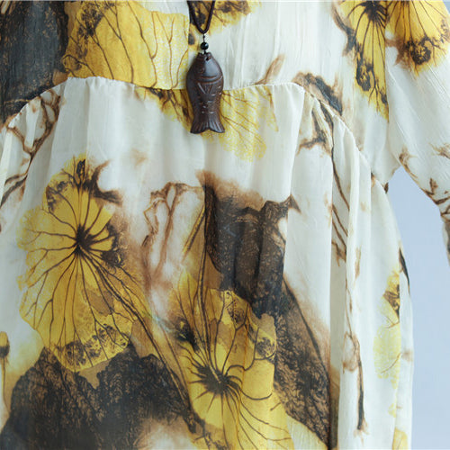 Original Designed Chiffon Print Summer Dress V Neck Half Sleeve Gown Patchwork Baggy Dresses