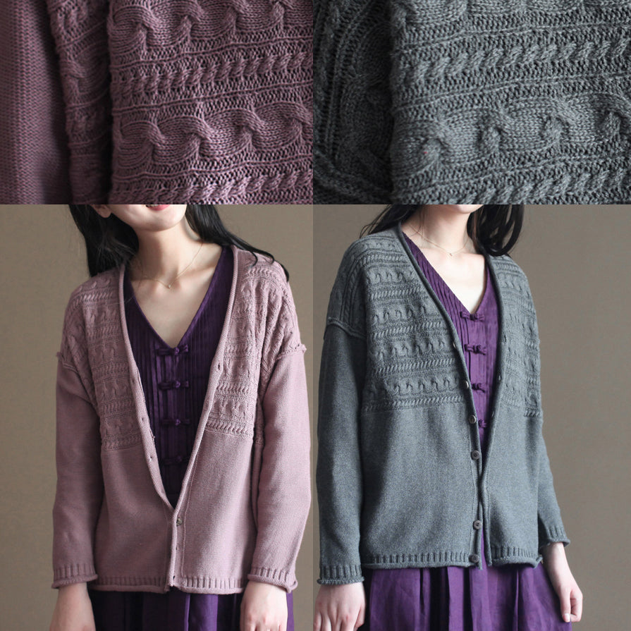 Pink Cotton Sweater Cardigans Long Sleeve Baggy V Neck Knit Short Cardigan Outwear
