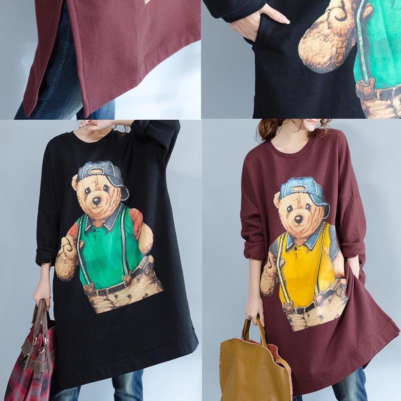 Black Cartoon Print Cotton Dresses Long Sleeve Mid Long T Pullover