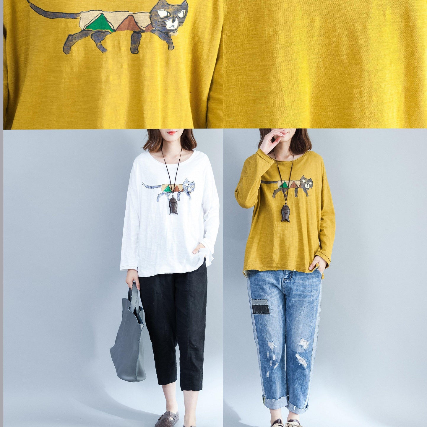 plus size casual cotton t shirt yellow cozy autumn outfit