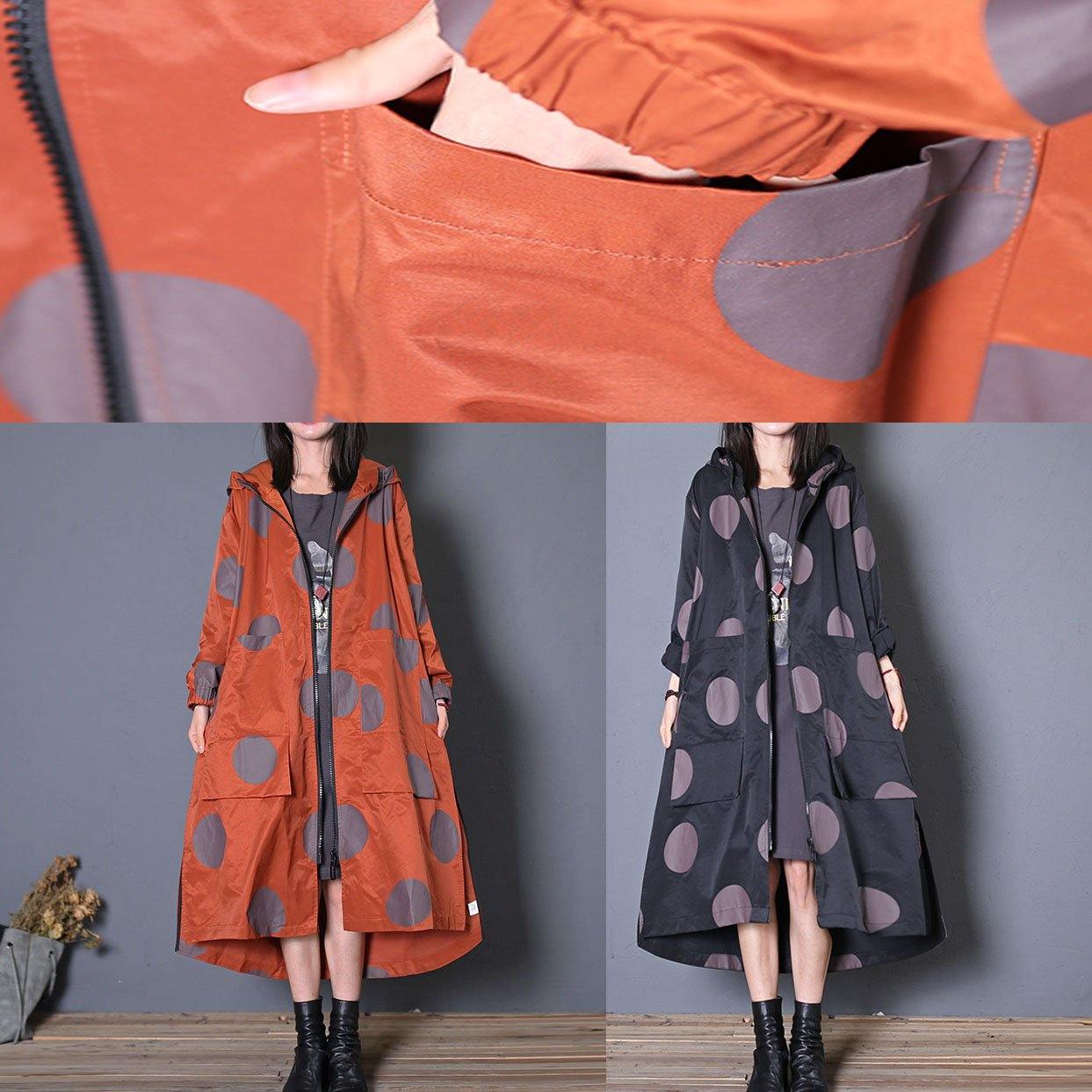 Fall Coat Black Dotted Hooded Pockets Coat
