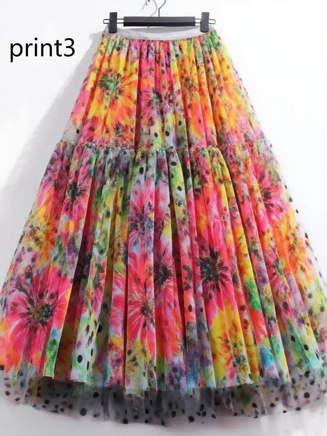 Print1 Patchwork Tulle Skirt Wrinkled Elastic Waist Spring
