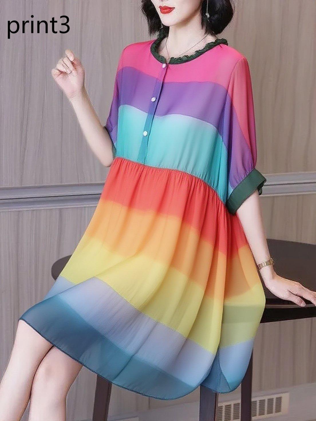 Ruffled Print2 Button Side Open Linen Vacation Dresses Half Sleeve