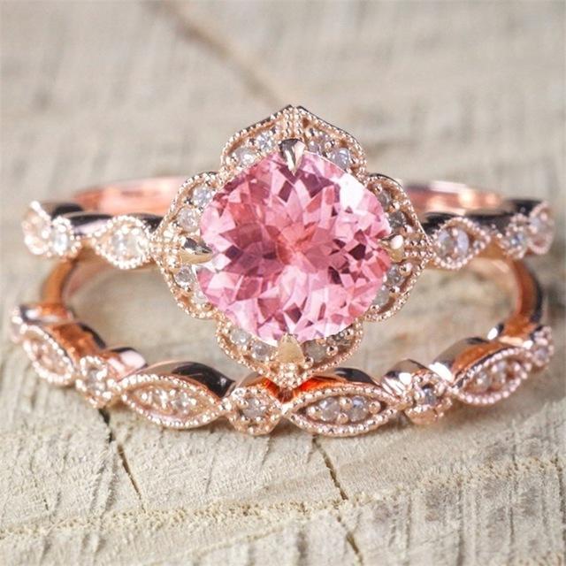 Pink Rhinestones Flower Ring Set