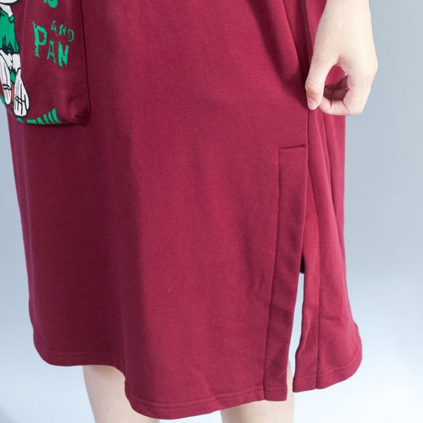 Red Back Prints Cotton Dresses Large Pockets Prints Thick Shift Dress