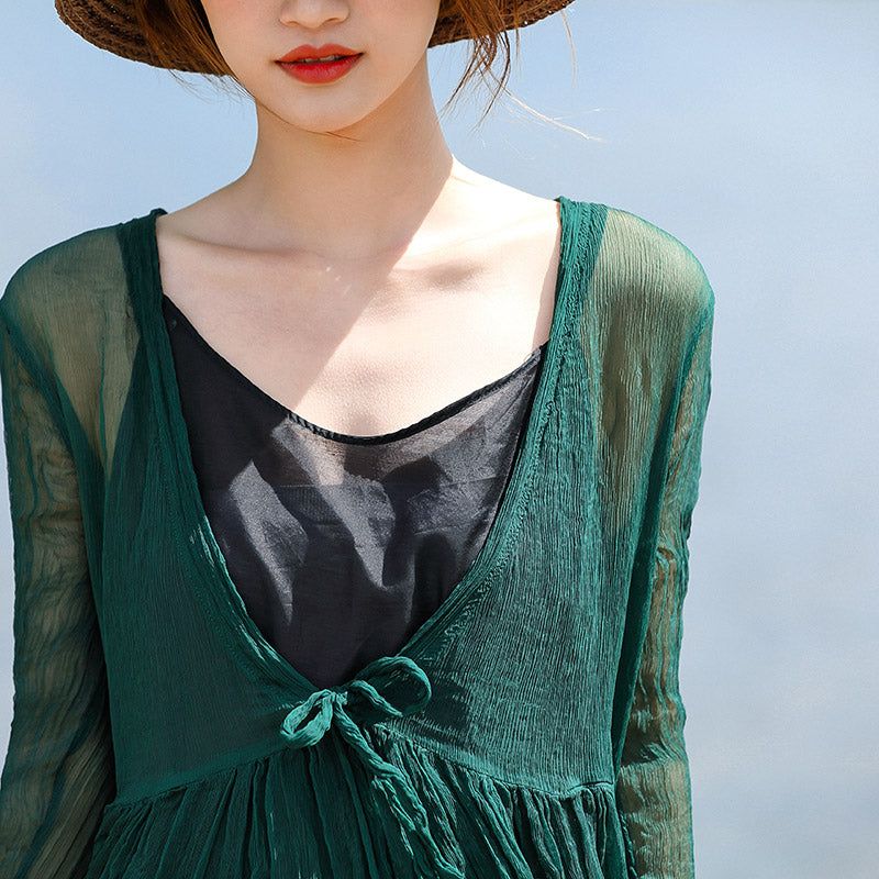 Stylish Blackish Green Silk Caftans V Neck Silk Maxi Dress Boutique Long Sleeve Baggy Dresses Large Hem Long Dresses