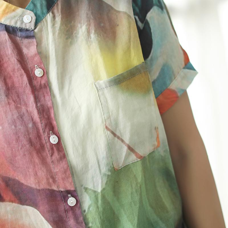 Stylish Summer Linen Blended Tops Loose Multicolor Stand Collar Blouse