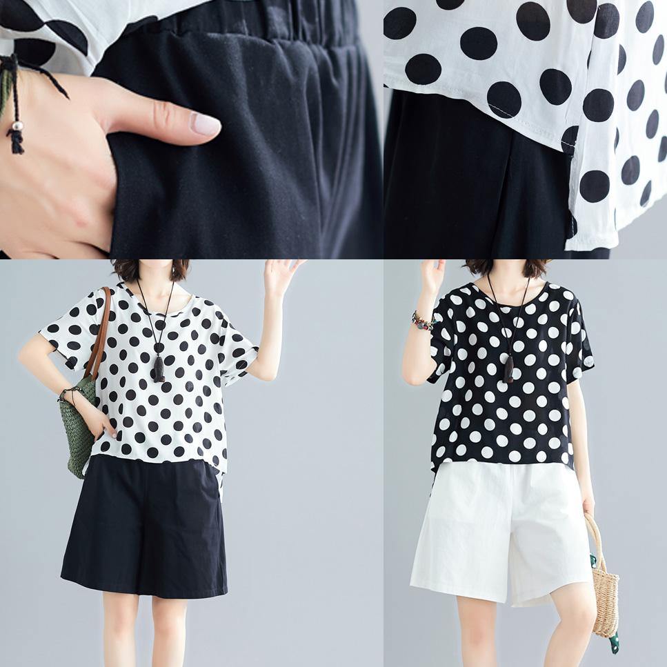 Summer Blended Two Pieces Black Dotted Tops and White Shorts
