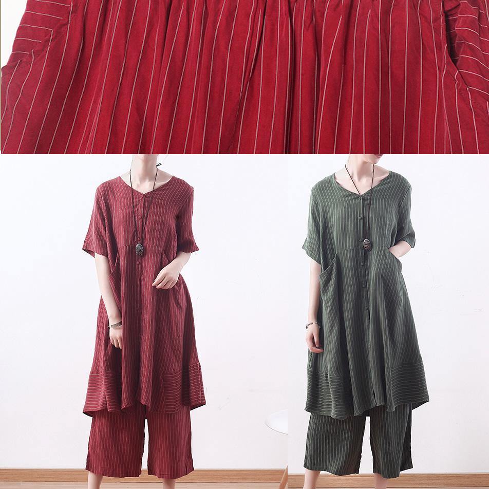 Summer New Silk Two Pieces Striped Tops and Elastic Waist Wide Leg Pants