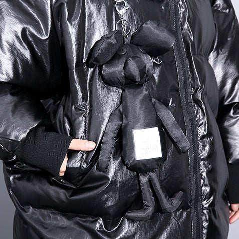 Fine Black Down Jacket Hooded Cotton Coat Zippered Pockets Over Coat