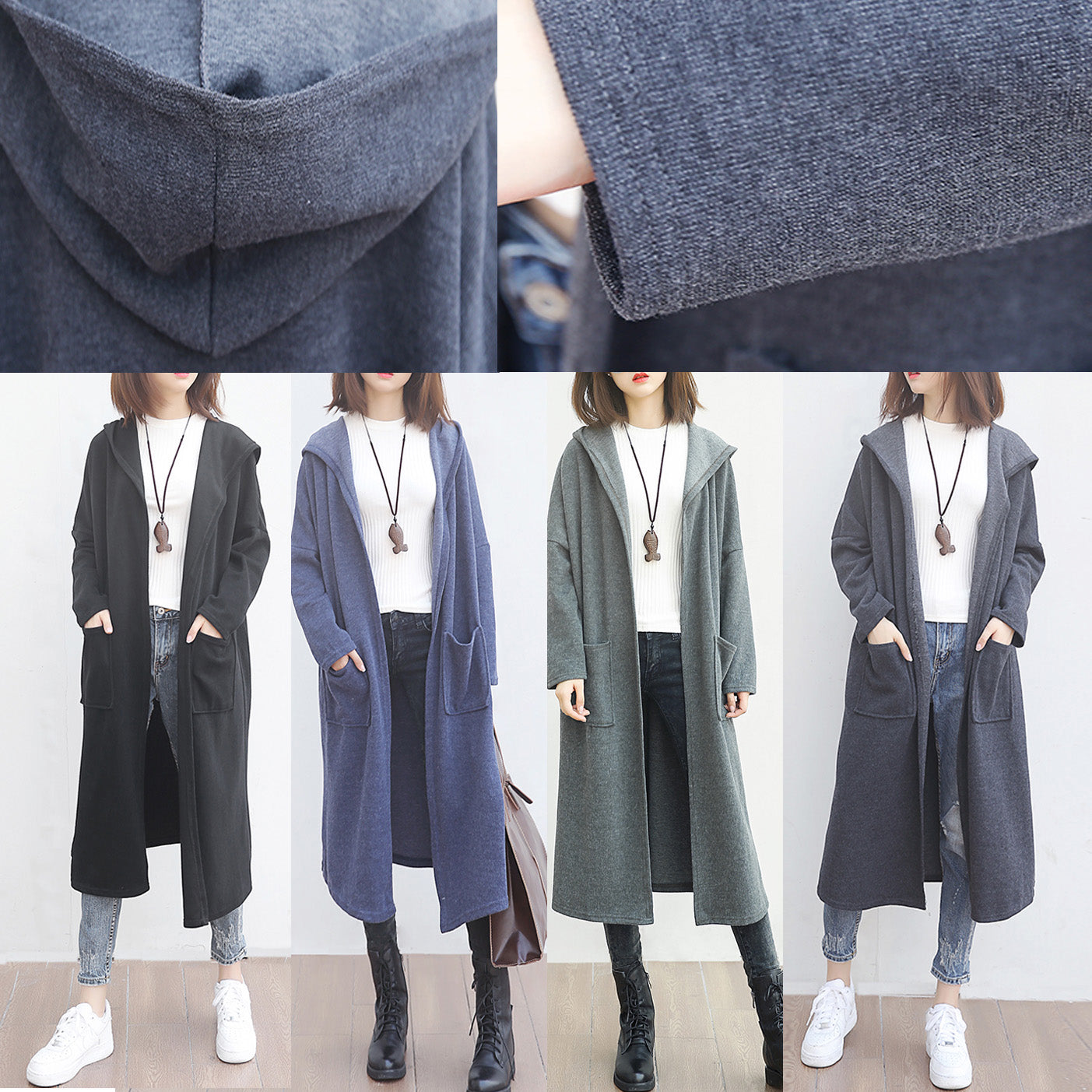 Fine Black Woolen Outwear Oversized Big Pockets Long Coats Hooded Jackets