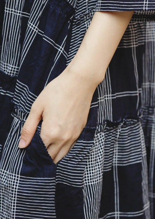 Fine Blue Plaid Grid Chiffon Caftans Loose Fitting O Neck Baggy Dresses Gown Half Sleeve Pockets Dresses