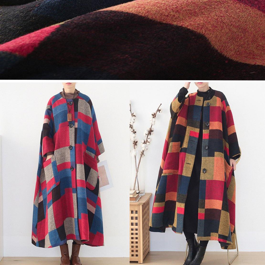 Oversized Maxi Coat Winter Cashmere Coatred Plaid Woolen Outwear