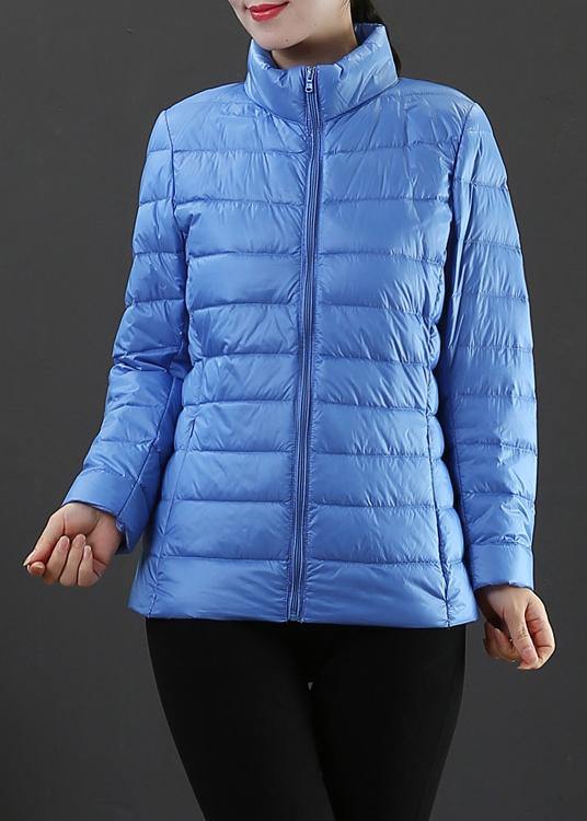 Fine Winter Jacket Overcoat Light Blue Stand Collar Zippered Duck Down Coat