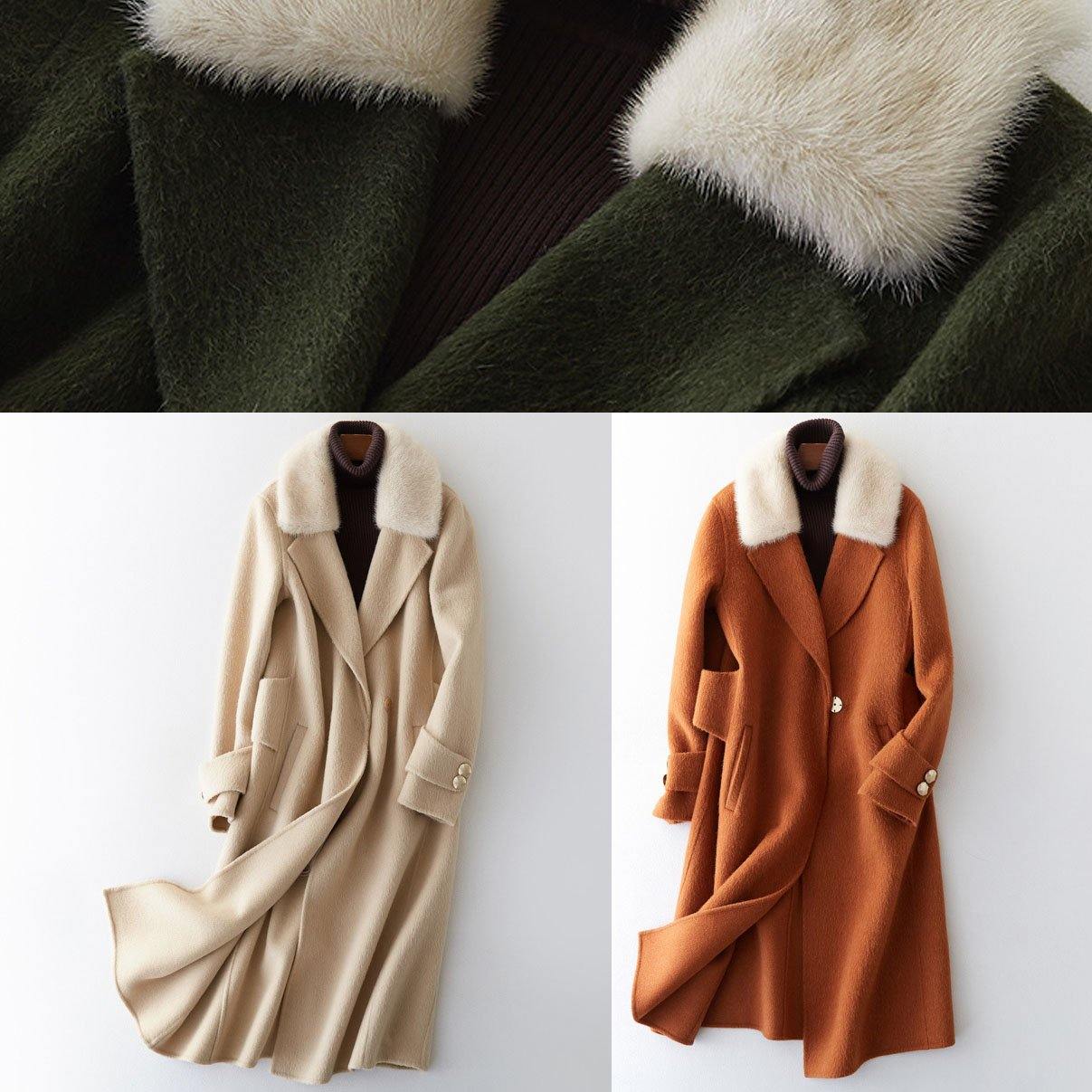 Army Green Woolen Coats Oversized Trench Coat Fur Collar Coats Notched