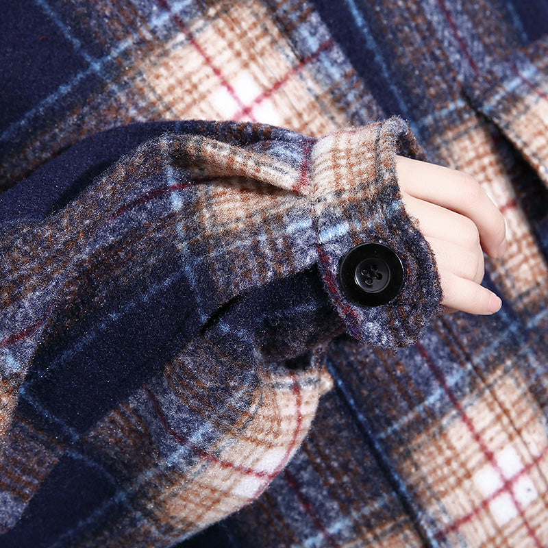 Blue Plaid Coats Turn-down Collar Winter Coat Boutique Pockets Coat