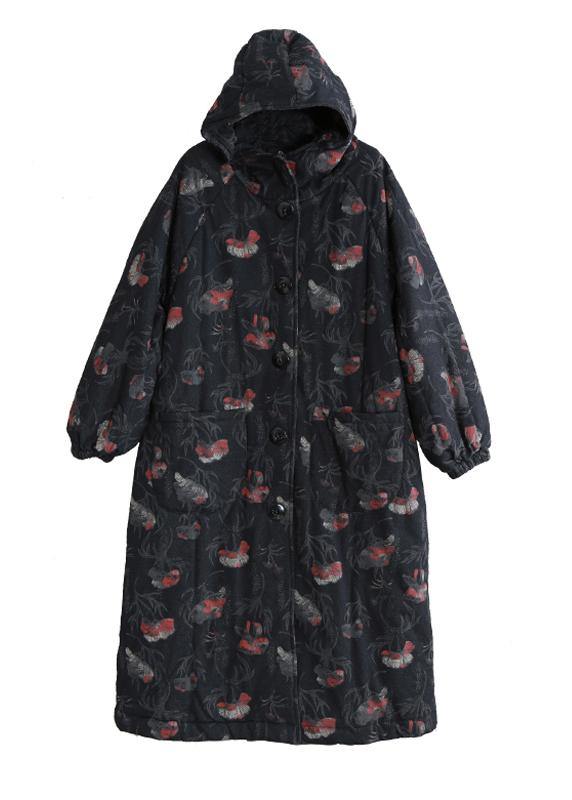 Oversize Trench Coat Dark Gray Print Hooded Button Down Woolen Coats