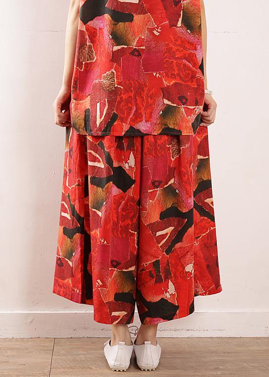 Red Prints Linen Two Pieces Short Sleeve T Shirt and Elastic Waist Crop Pants