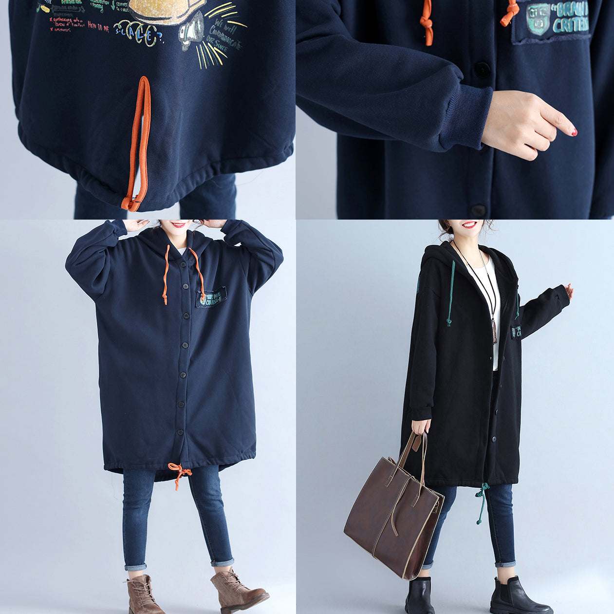 Winter Cotton Cardigans Oversize Navy Hooded Coats Back Cartoon Prints