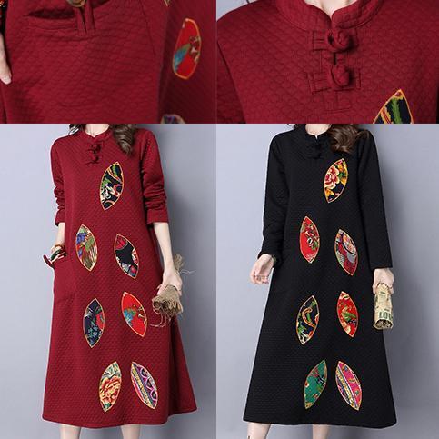Winter Thick Black Cotton Embroidery Dresses Oversize Maxi Dress