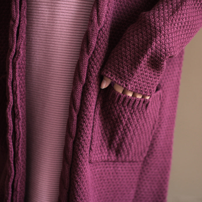 Winter Cotton Blended Sweater Cardigans Burgundy Oversize Pockets Wrap Knit Coat