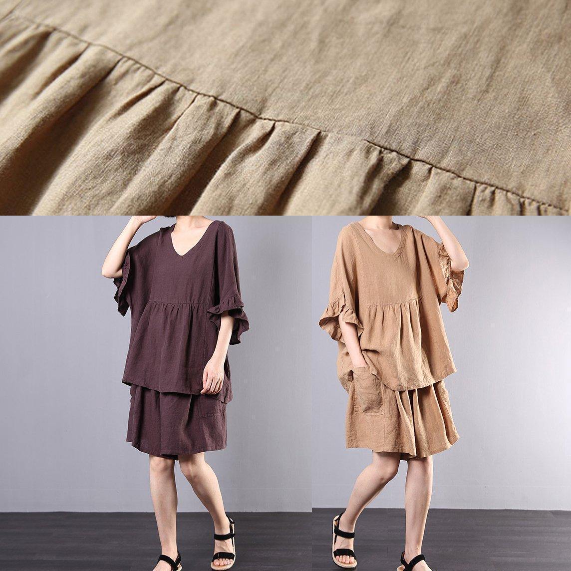 Cotton Linen Khaki Two Pieces Ruffles Sleeve Blouse With Shorts