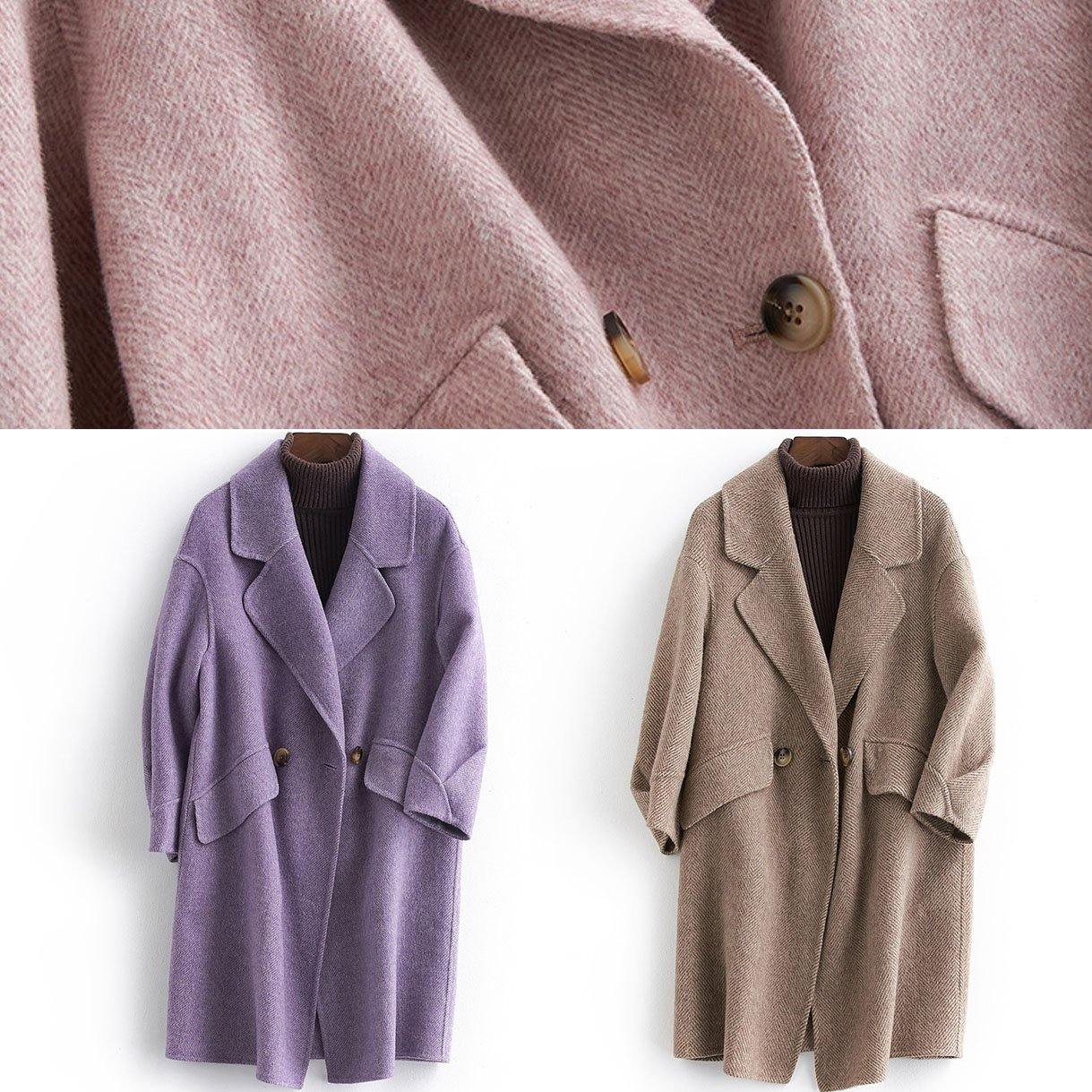 Pockets Outwear Khaki Notched Woolen Coat