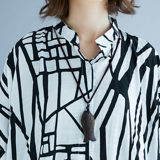 Striped Natural Cotton Linen T Shirt Cardigans Batwing Sleeve Stand Brief T Shirt