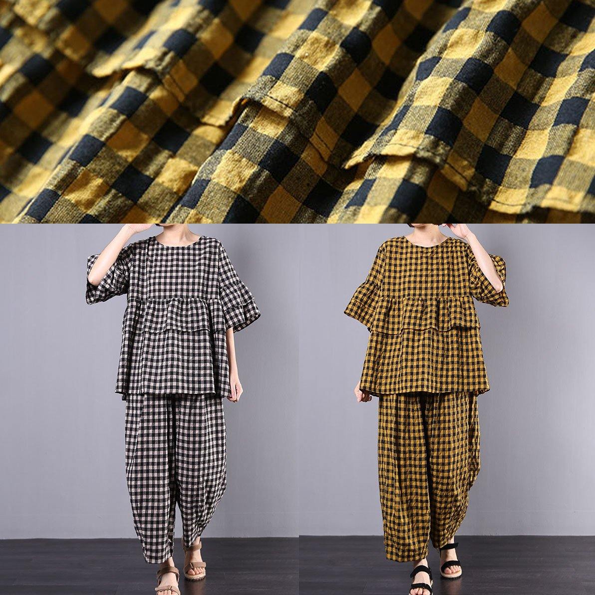 Yellow Plaid Cotton Linen Patchwork Ruffles Tops and Wide Leg Pants Two Pieces