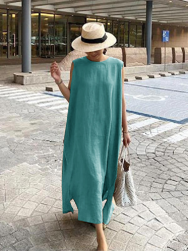 O Neck Side Open Linen Cotton Clothes Fabrics Color Geometry Dress