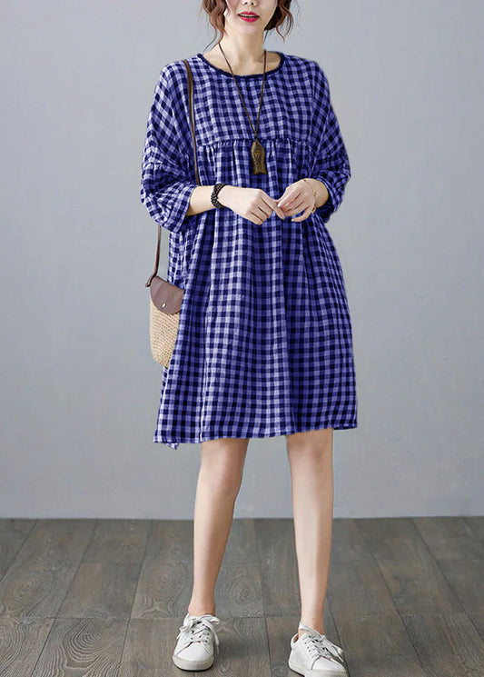 O-neck Wrinkled Pocket Blue Linen Loose Dresses Half Sleeve